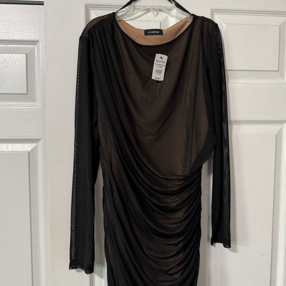 NWT Le Chateau Black Draped Long Sleeve Dress